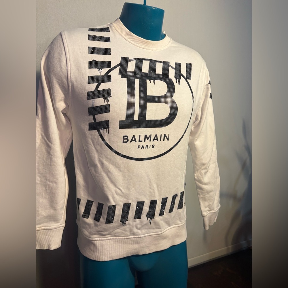 Balmain Paris White Logo Crewneck Sweatshirt – Size M
